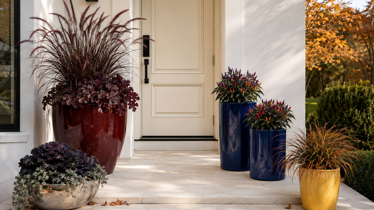Contemporary fall front porch with oxblood and cobalt planters filled with burgundy grass, ornamental peppers, black kale, and bronze sedge.