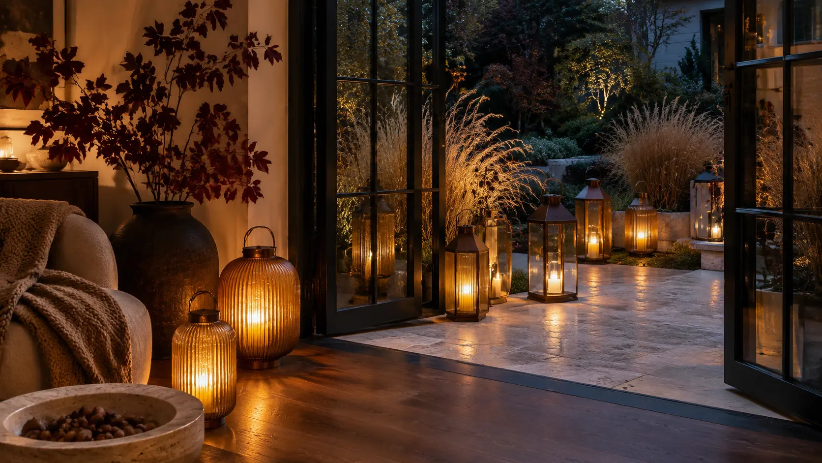 Warm fall lanterns connecting a modern living room with a sheltered outdoor terrace at dusk.