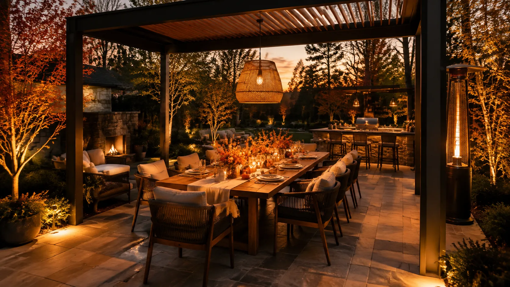 Luxury fall outdoor dining setup featuring a cozy backyard gathering space with elegant seating, warm lighting, natural textures, and autumn landscape design