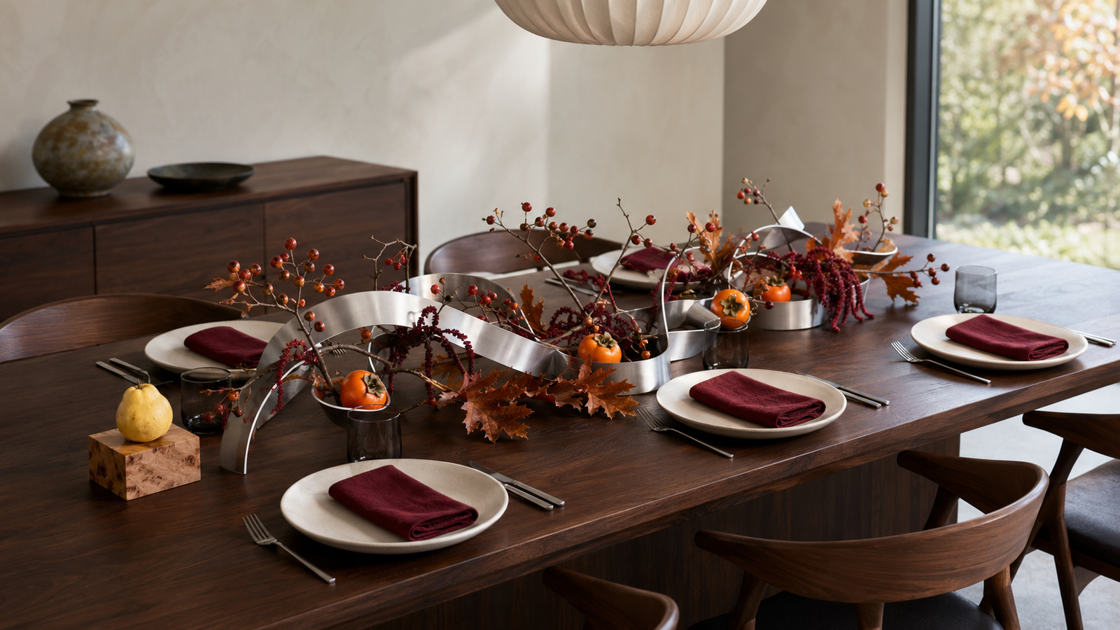 Contemporary fall tablescape with sculptural brushed-steel curves, crab-apple branches, copper leaves, red amaranth, and persimmons on a dark walnut dining table.