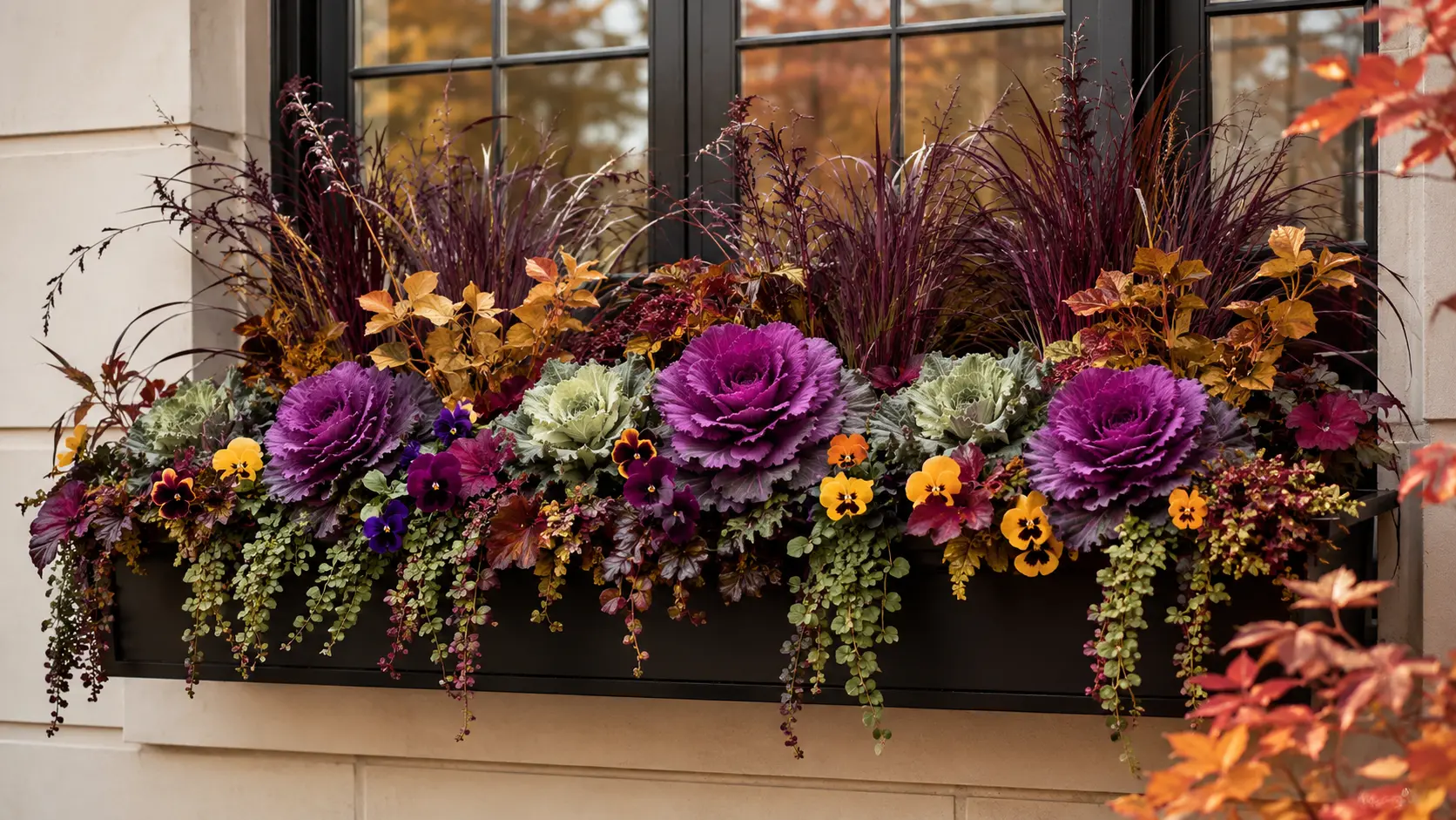 Fall window box filled with purple ornamental cabbage, burgundy grasses, yellow and plum pansies, bronze foliage, and trailing greenery beneath a black-framed window.