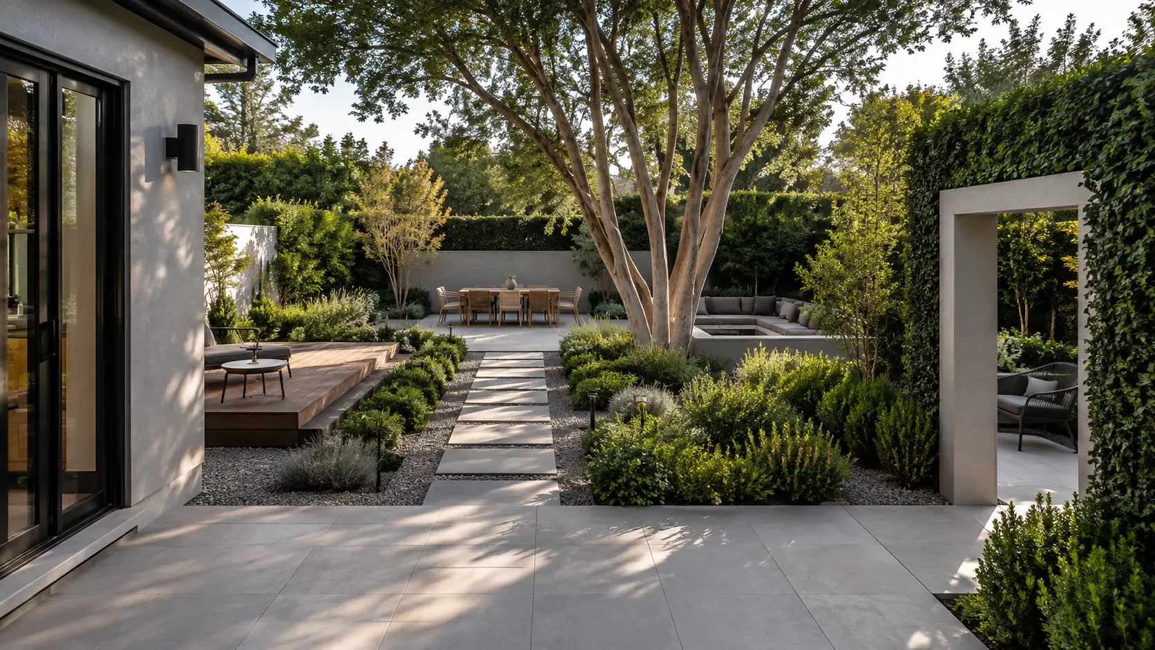 Modern backyard divided into distinct garden rooms with a planted pathway, outdoor dining area, timber deck, and layered greenery