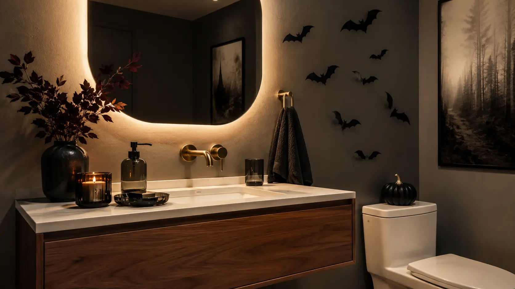 Modern Halloween bathroom decor with a spooky guest-space atmosphere featuring a backlit mirror, black bat accents, warm lighting, and elegant seasonal styling