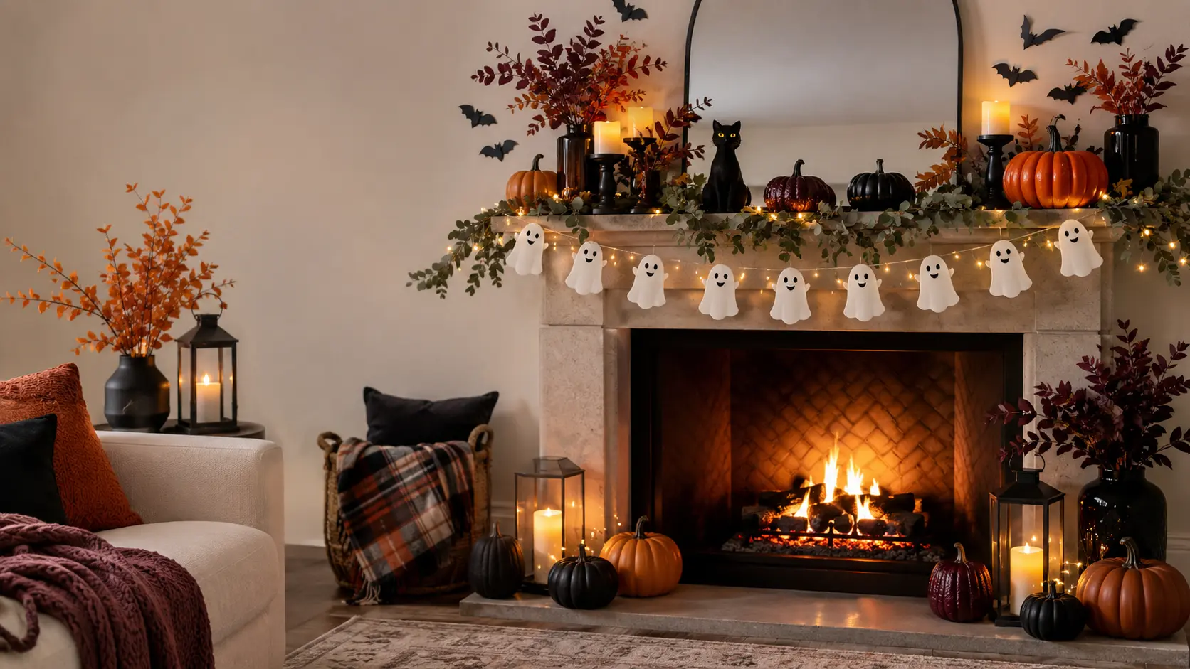 Cute Halloween fireplace decorated with pumpkins, ghost garland, black bats, candles, and warm autumn accents
