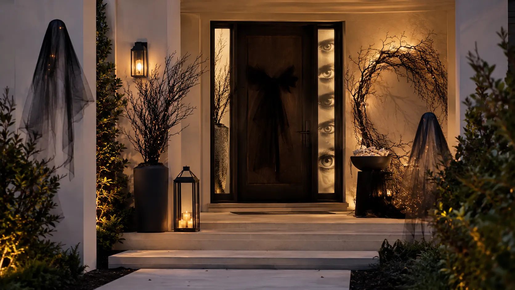 Modern Halloween front porch with spooky-chic black branches, ghostly fabric decor, warm amber lighting, and playful eye accents.