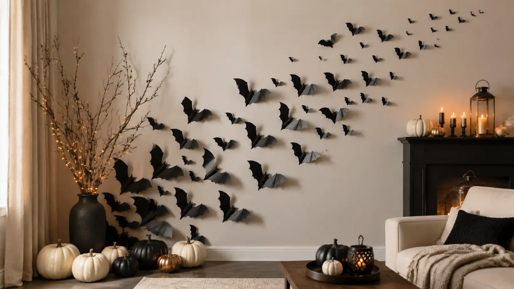 A professionally styled DIY paper bat wall featuring black paper bats arranged in a flowing 3D flight pattern on a neutral wall with warm lighting, autumn pumpkins, decorative branches, and elegant Halloween home décor.