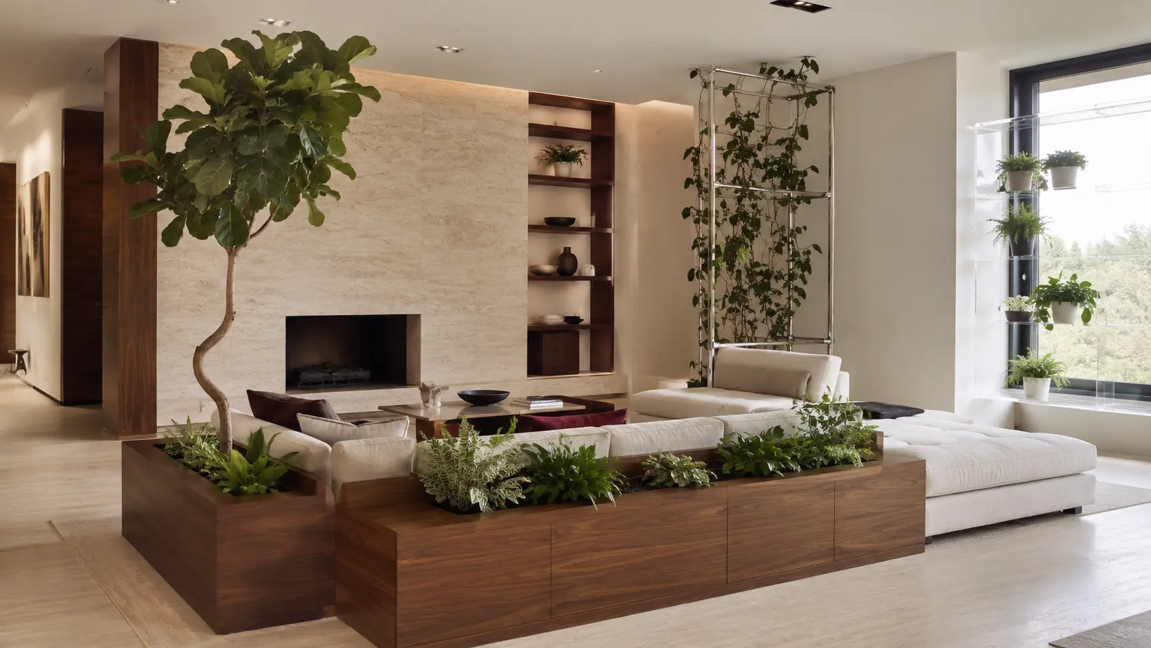 Contemporary living room with architectural indoor plant displays, a walnut sofa console, sculptural tree, and acrylic window shelves.