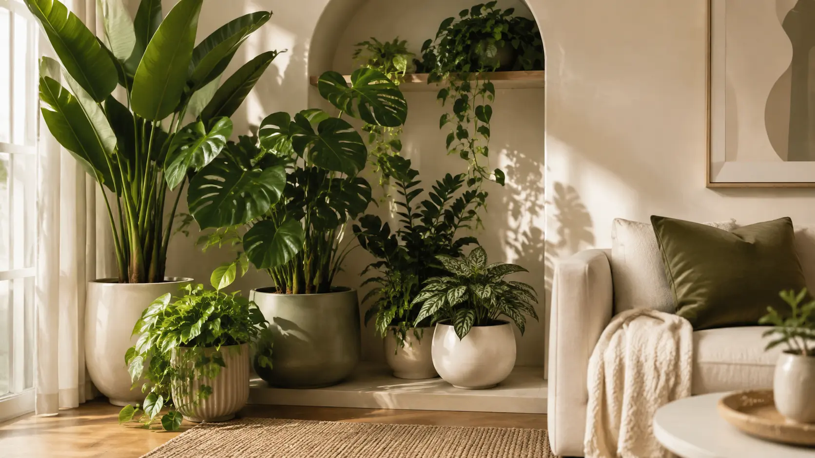 Bright modern living room corner filled with lush indoor plants, neutral planters, warm natural light, and cozy minimalist decor.