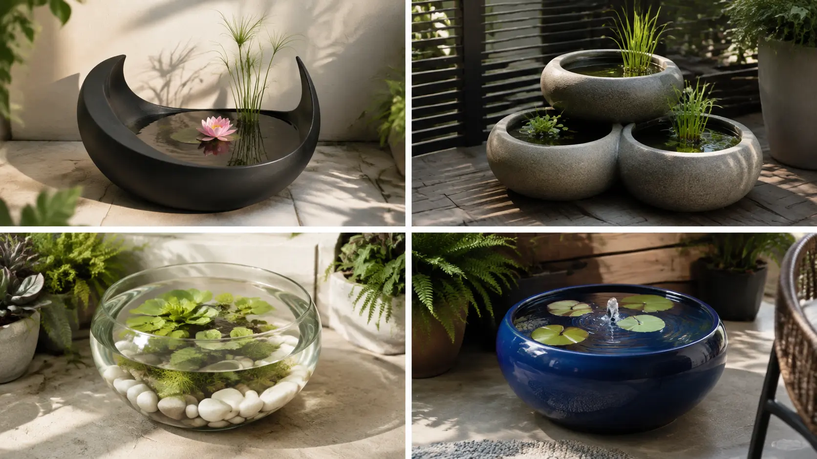 mini container pond ideas for patios, balconies, and tiny gardens, including crescent, pebble, glass bowl, and blue bubbler designs