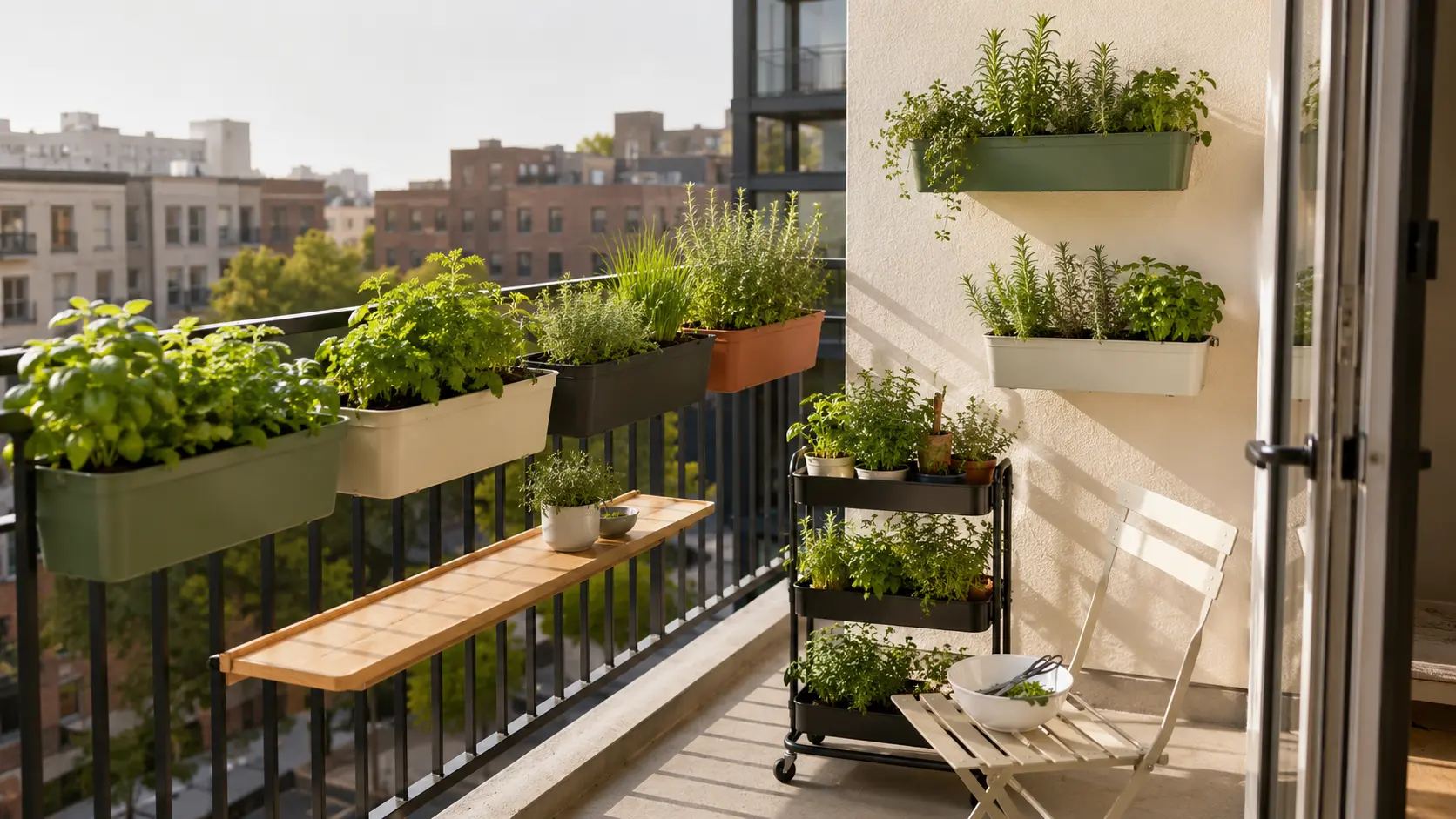 Modern Gen Z balcony herb garden with sage, cream, charcoal, and terracotta herb boxes on a small apartment balcony.