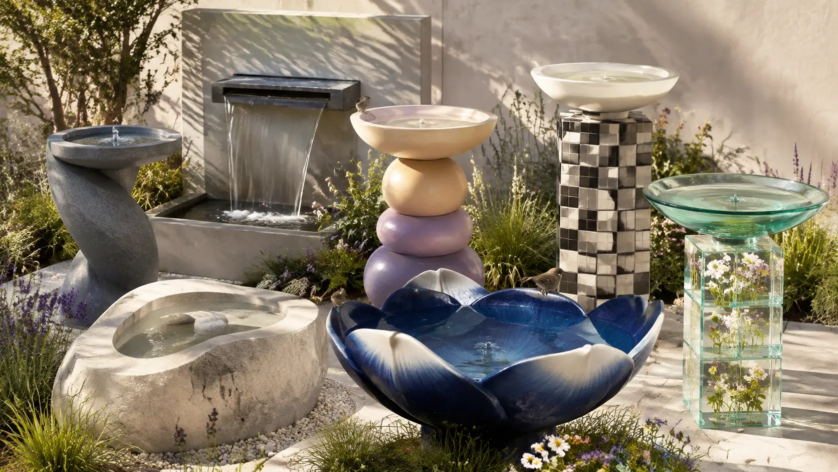 Modern bird bath ideas featuring sculptural stone, ceramic, glass, and contemporary water designs surrounded by plants and a stylish garden setting