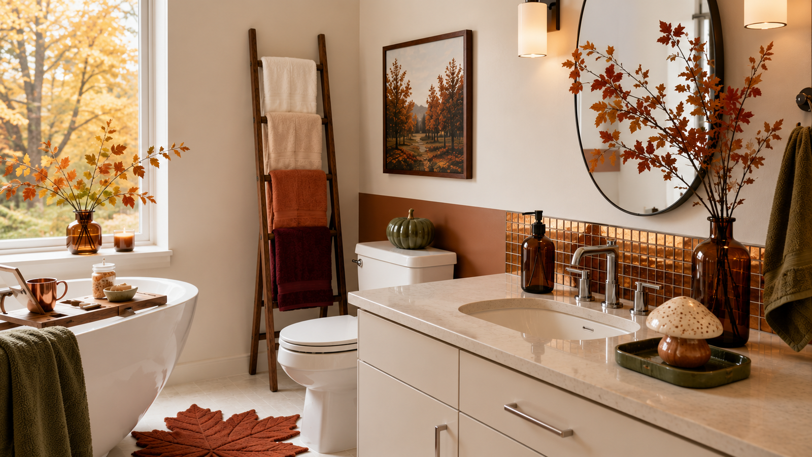 Modern bathroom styled with warm fall decor, rust towels, amber accents, autumn branches, and seasonal accessories.