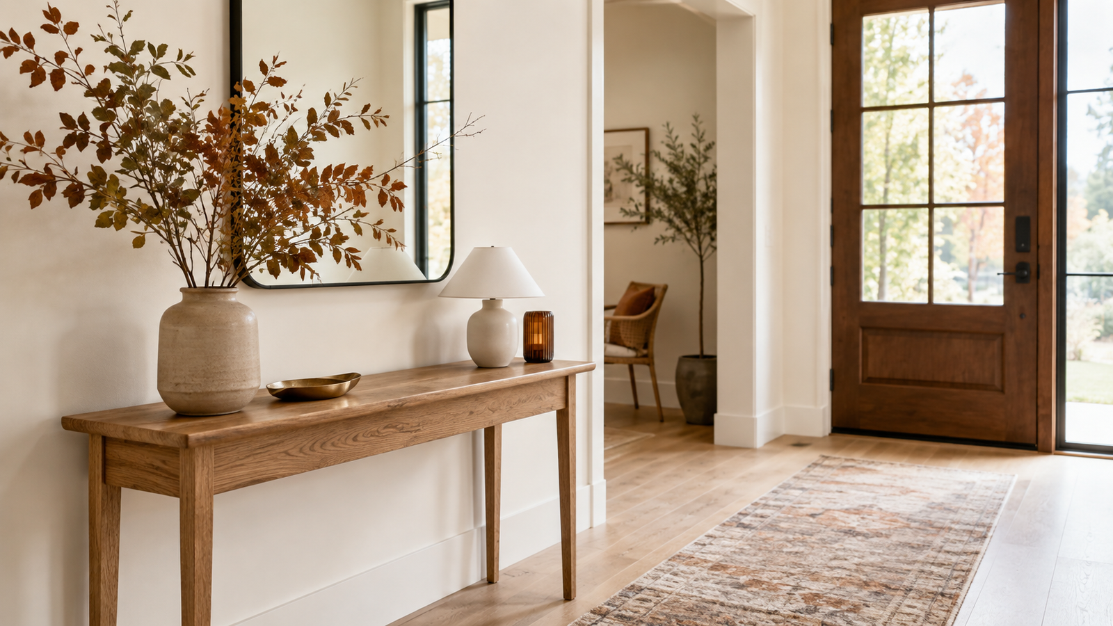 Modern fall entryway with an oak console, warm autumn branches, neutral runner, mirror, and soft natural light.