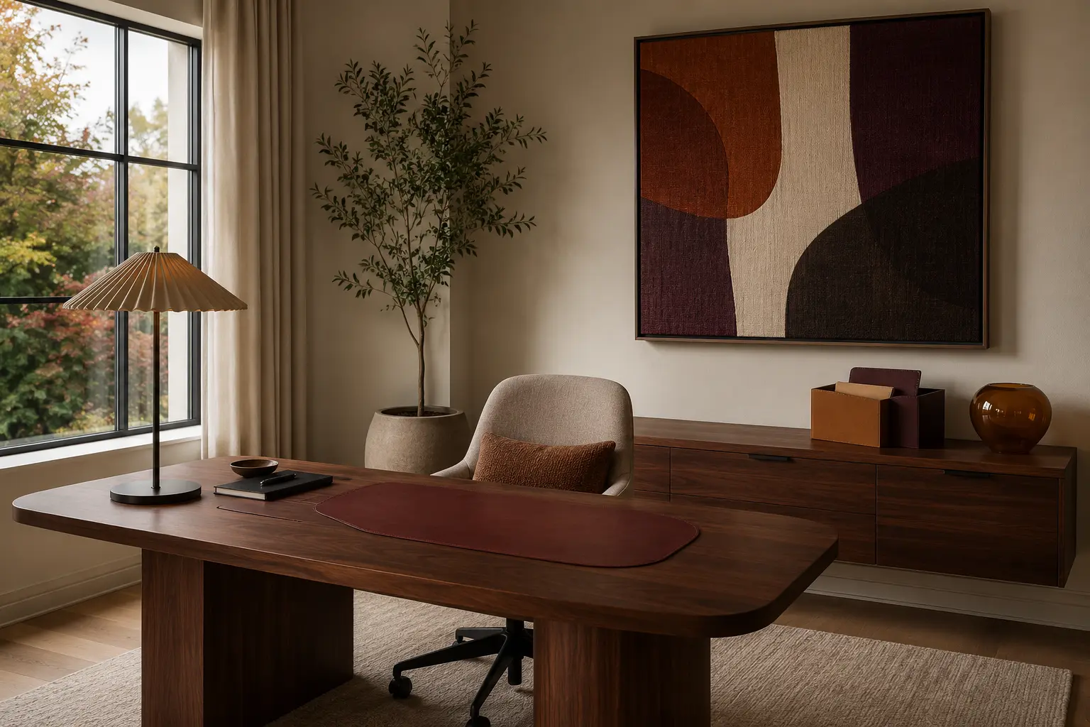 Modern home office with a walnut desk, mushroom chair, oxblood desk mat, abstract artwork, amber glass, and removable fall accents.