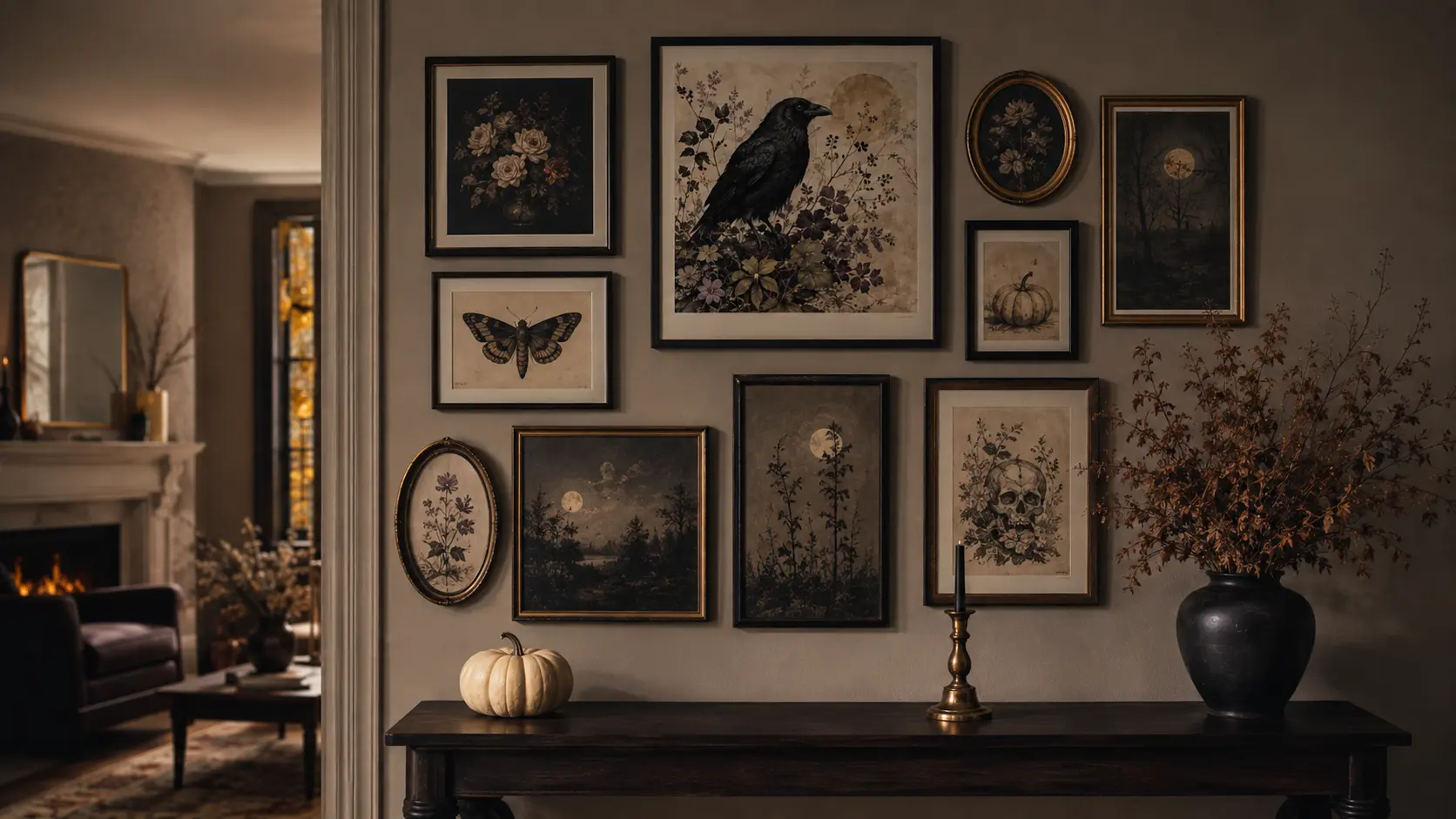 Moody Halloween gallery wall with raven art, moth illustration, moonlit landscapes, dark botanicals, vintage frames, and subtle seasonal decor above a dark wood console.