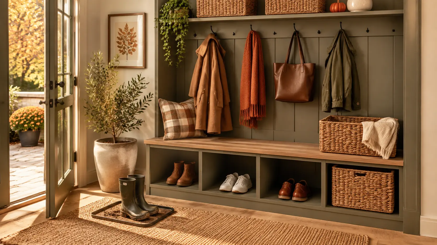 Warm and organized modern mudroom entry featuring sage cabinetry, built-in bench seating, woven baskets, autumn coats, boots, and stylish seasonal storage ideas