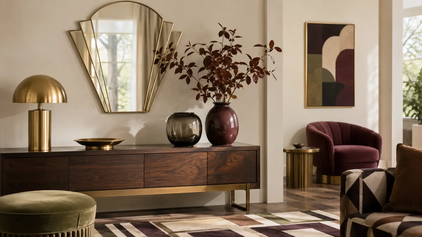 Neo Deco fall interior with brushed brass accents, dark walnut furniture, burgundy seating, and bold geometric decor.