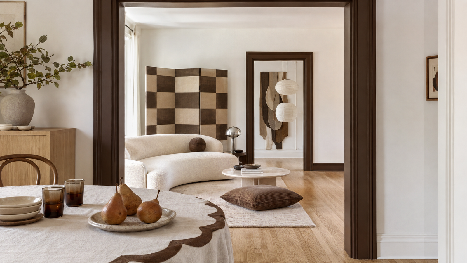Modern neutral fall interior in cream, beige and chocolate brown