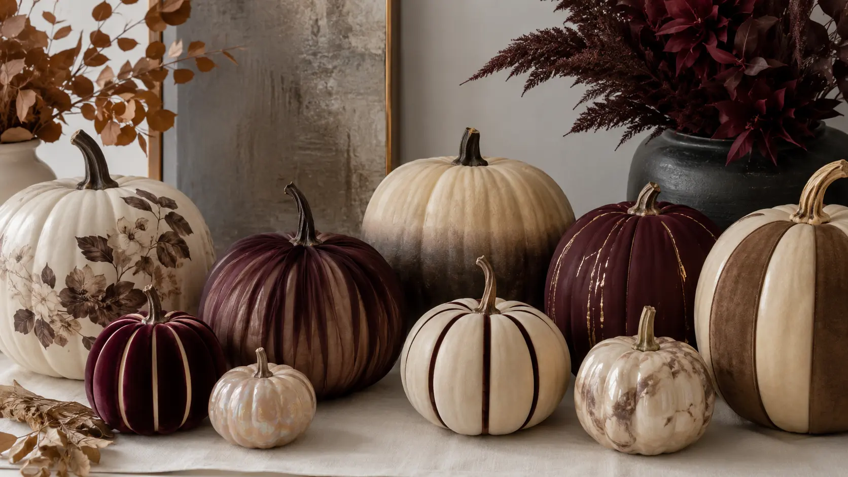 Stylish no-carve pumpkin ideas arranged in an elegant autumn interior with ivory, burgundy, taupe, and brown decorative pumpkins.