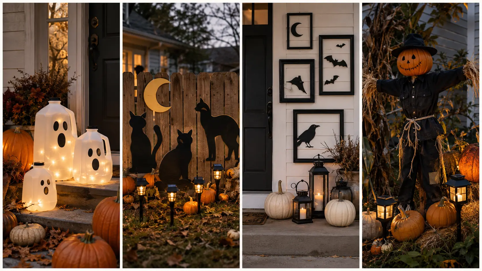 budget-friendly outdoor Halloween decor DIYs, including milk-jug ghost lights, cardboard cat silhouettes, black frame decorations, and a pumpkin scarecrow.