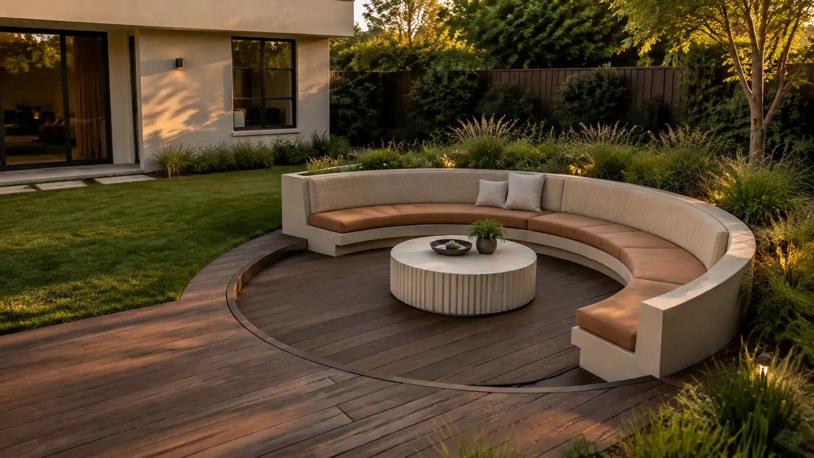 Modern outdoor living room with curved built-in seating in a US backyard