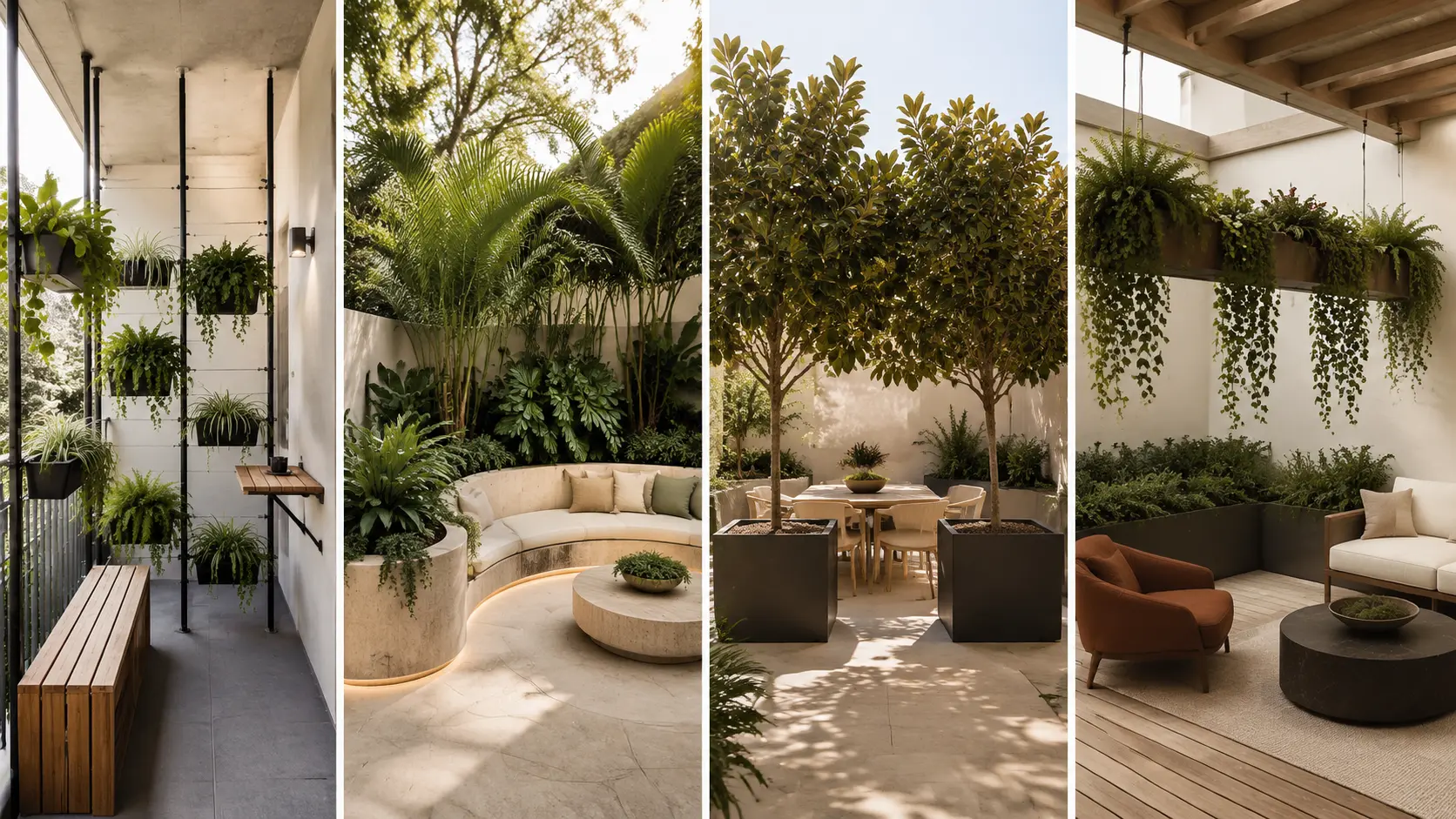 Four modern patios featuring tension-mounted greenery, a curved tropical planter, potted privacy trees, and a suspended plant screen.