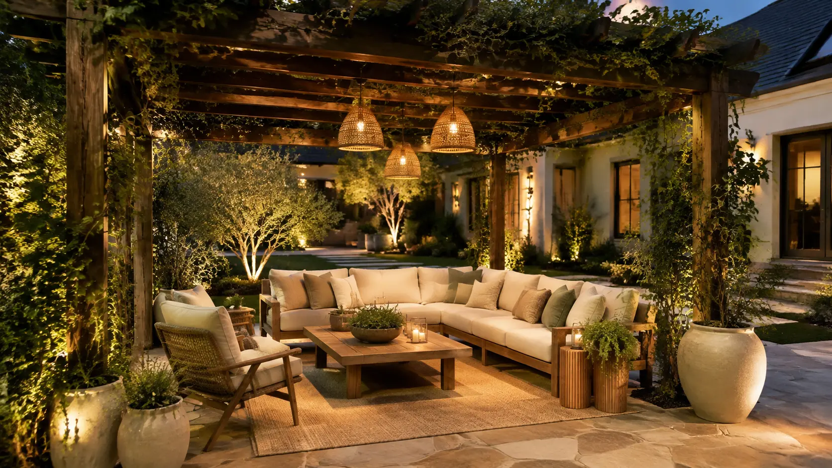 Beautiful backyard pergola decorated with plants, warm lighting, and comfortable outdoor seating