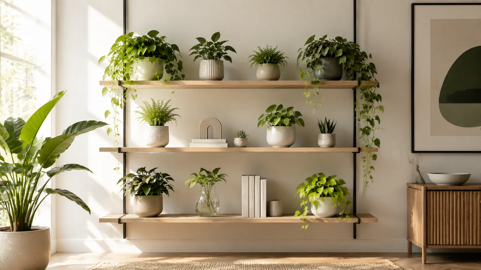 Modern plant shelf styling ideas featuring floating wood shelves with balanced indoor plants, trailing greenery, ceramic planters, and minimalist apartment decor in a bright contemporary space