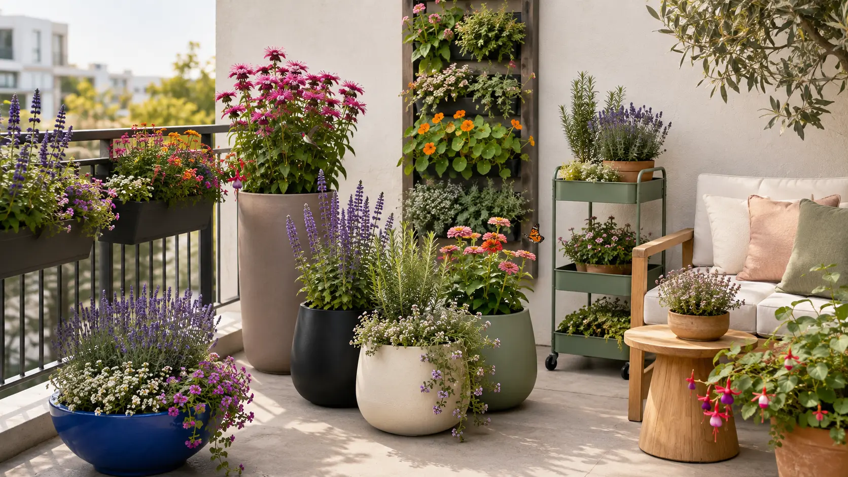 Modern balcony filled with colorful pollinator-friendly container gardens, flowering plants, vertical planters, railing boxes, and a compact outdoor seating area.
