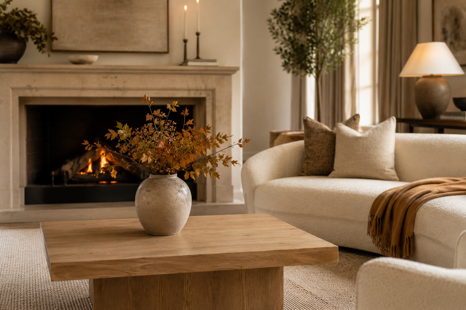 Quiet luxury fall decor ideas featuring a medium ceramic vase on a wooden coffee table