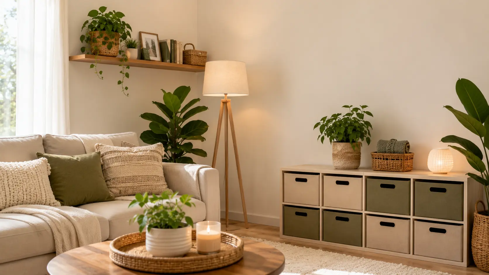 Renter-friendly living room decorated with plants, baskets, removable-style storage, and cozy furnishings without wall hangings, nails, or paint