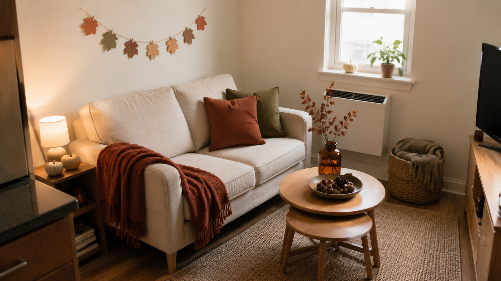 Cozy renter-friendly small apartment decorated with autumn leaves, warm textiles, natural accents, and space-saving fall decor.