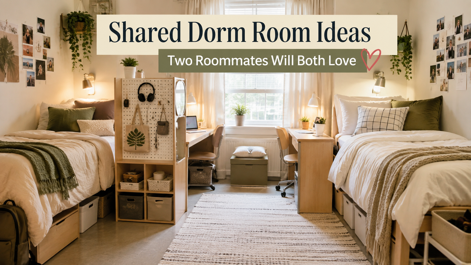 Bright shared college dorm room with two beds, separate study areas, organized storage, and cozy neutral decor for two roommates.