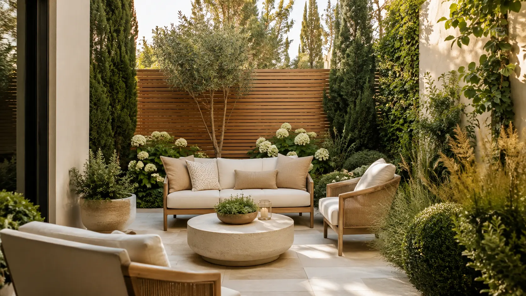 Modern small courtyard garden with layered greenery, timber privacy screen, neutral outdoor seating, and stone paving creating a private outdoor escape.