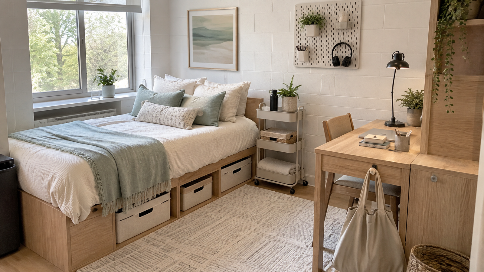 Small dorm room with a neatly organized rolling storage cart between a light wood desk and bed, styled with soft sage accents and natural daylight.
