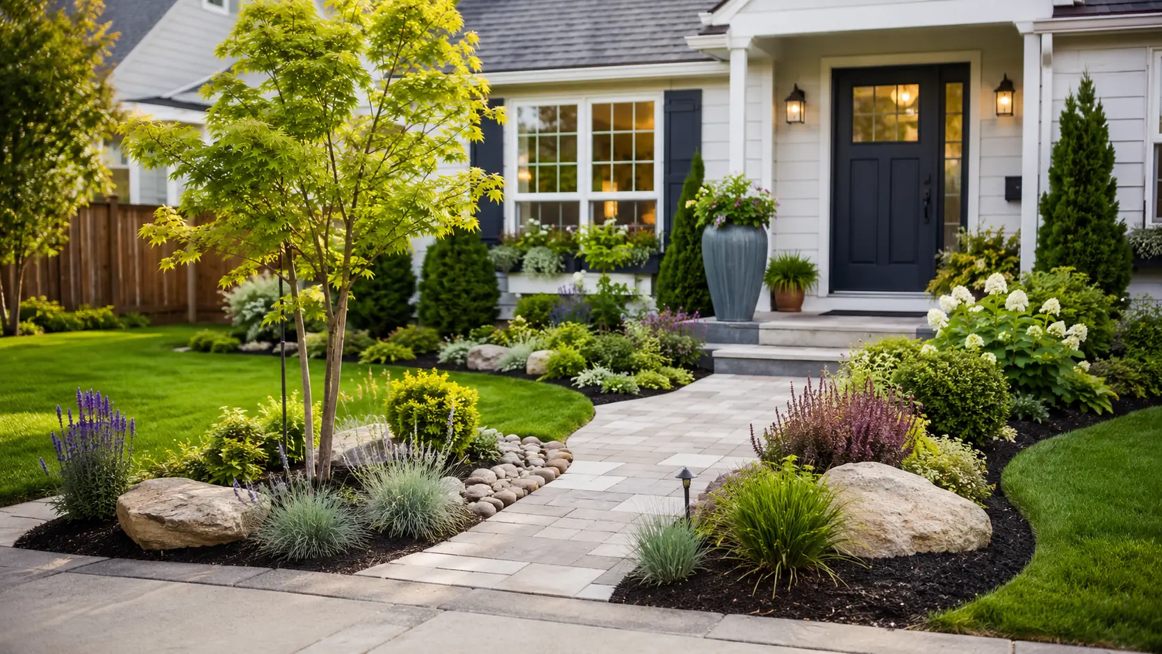 Small front yard landscaping ideas with a curved walkway, layered garden beds, ornamental grasses, shrubs, boulders, and a welcoming home entrance.