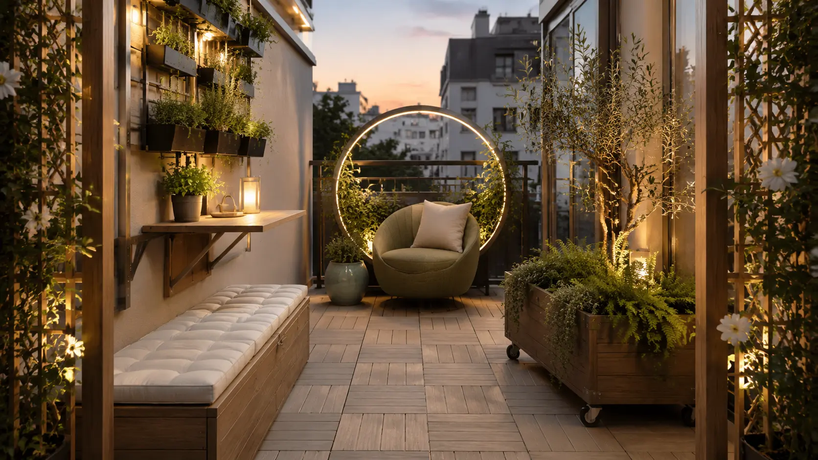 Small apartment patio garden with a vine-covered cedar arch, fold-down herb bar, movable planters, and a cozy lounge chair.