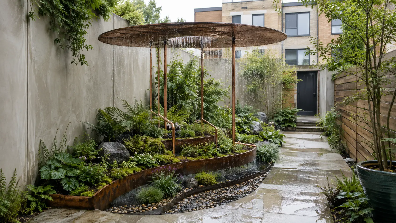 Small modern rain garden with a sculptural circular canopy, copper water channels, and lush layered plants