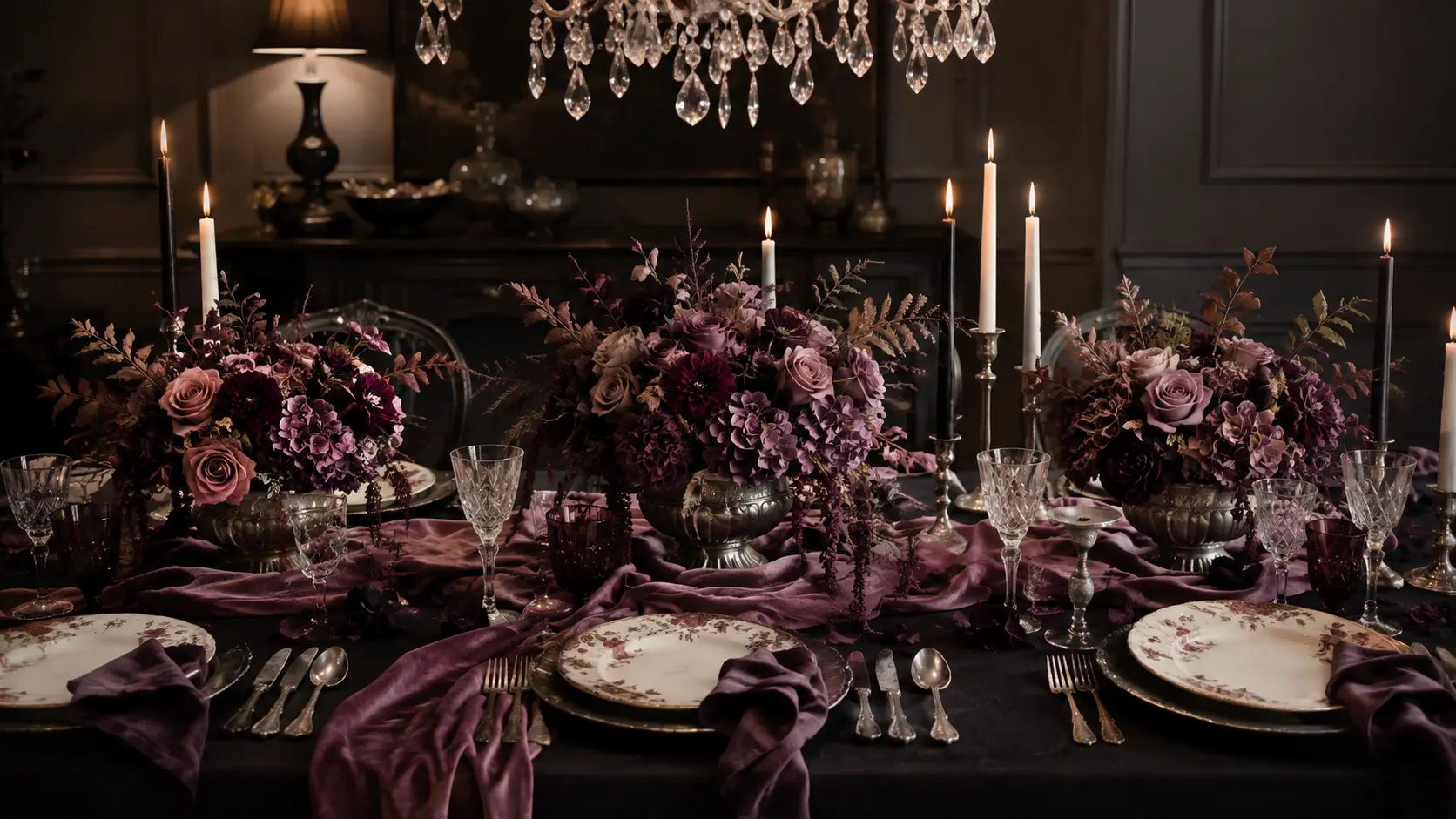 Spooky-elegant Halloween dinner table with mauve flowers, vintage place settings, crystal glasses, and glowing black-and-ivory candles.