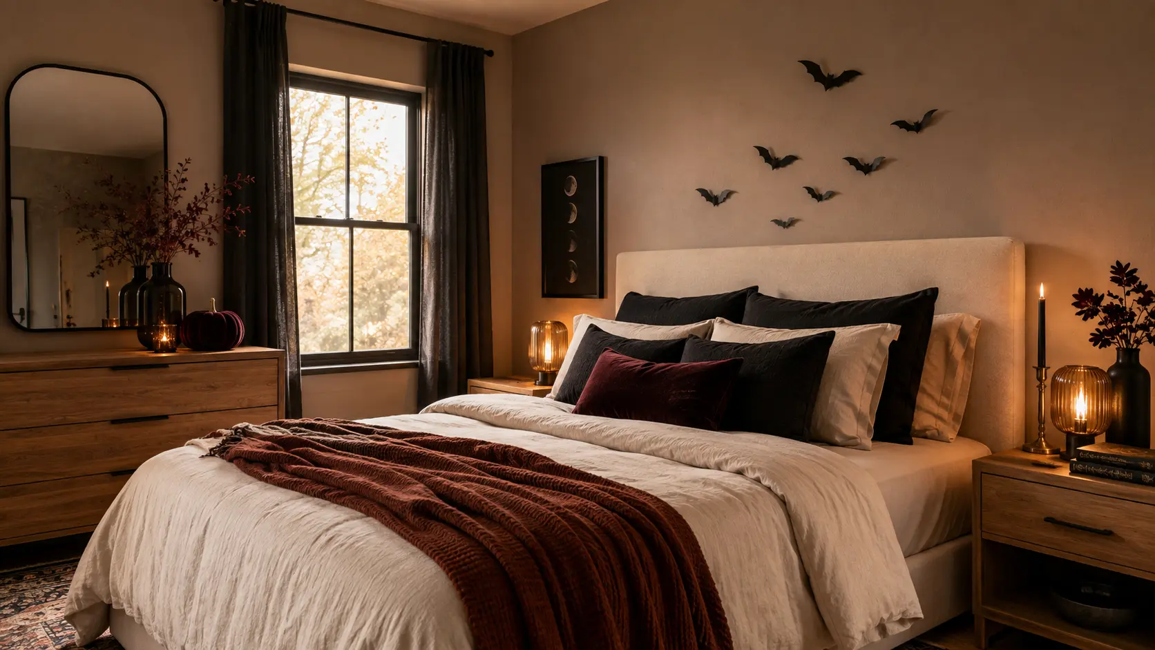 Subtle Halloween bedroom with cream bedding, charcoal accents, burgundy velvet, black paper bats, and warm amber lighting.