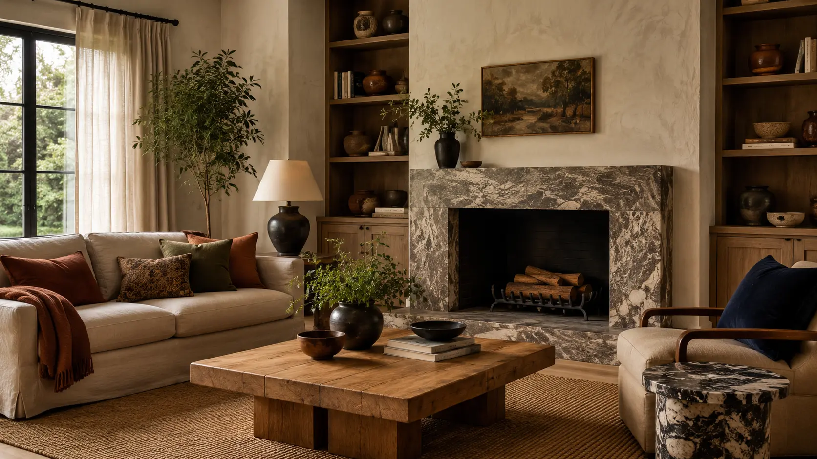 Warm living room featuring textured plaster walls, a linen sofa, natural stone accents, and rich wood furniture