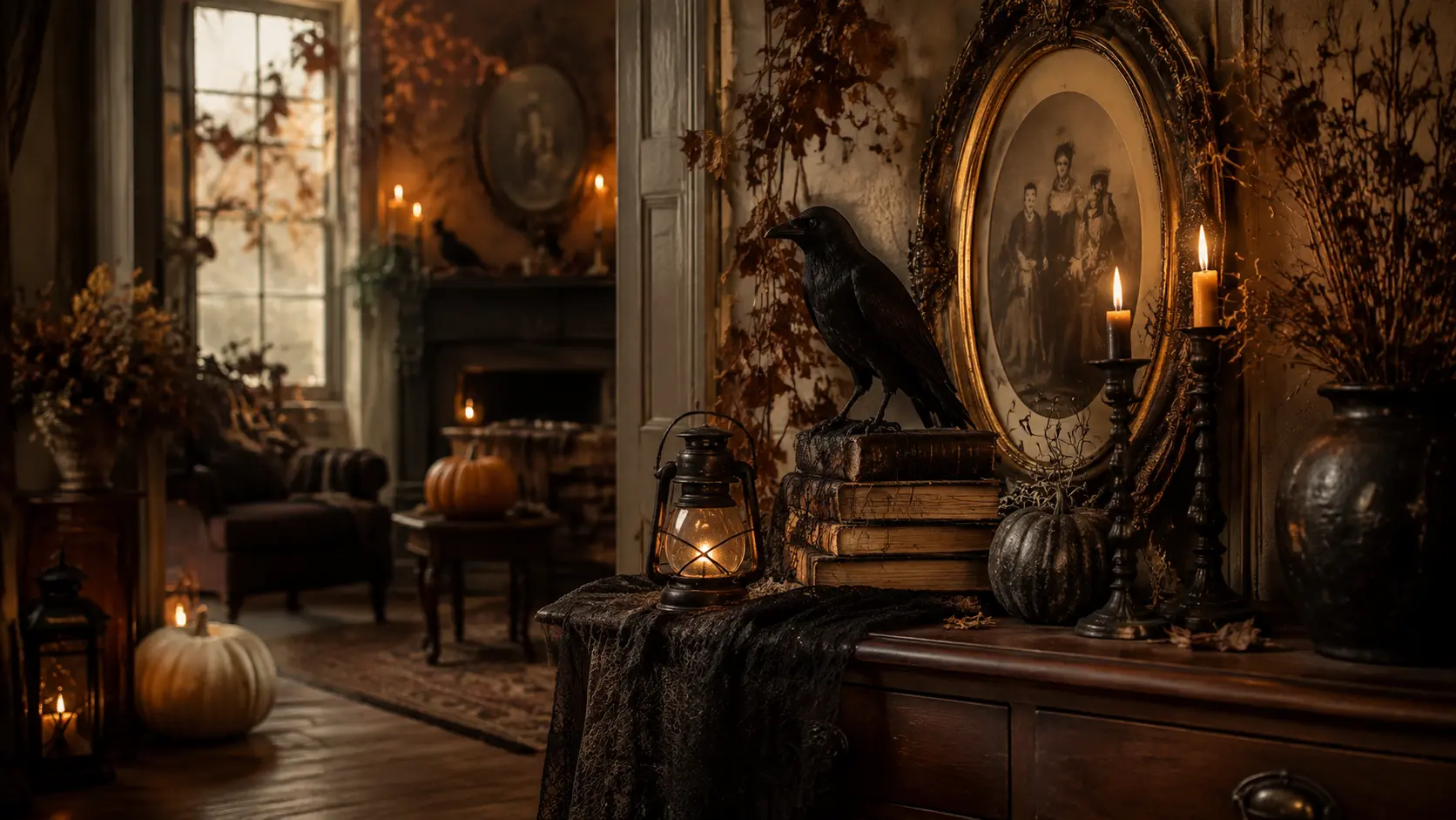 Vintage Halloween decor ideas featuring nostalgic spooky charm with antique portraits, glowing lanterns, pumpkins, dried foliage, and a cozy Victorian-inspired interior