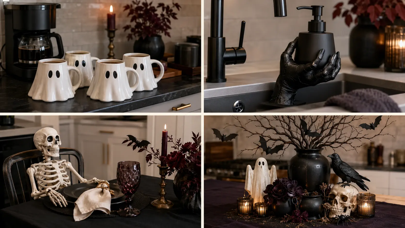witchy Halloween kitchen decor featuring ghost mugs, a horror hand soap holder, a skeleton dining setting, and a bat-branch centerpiece.