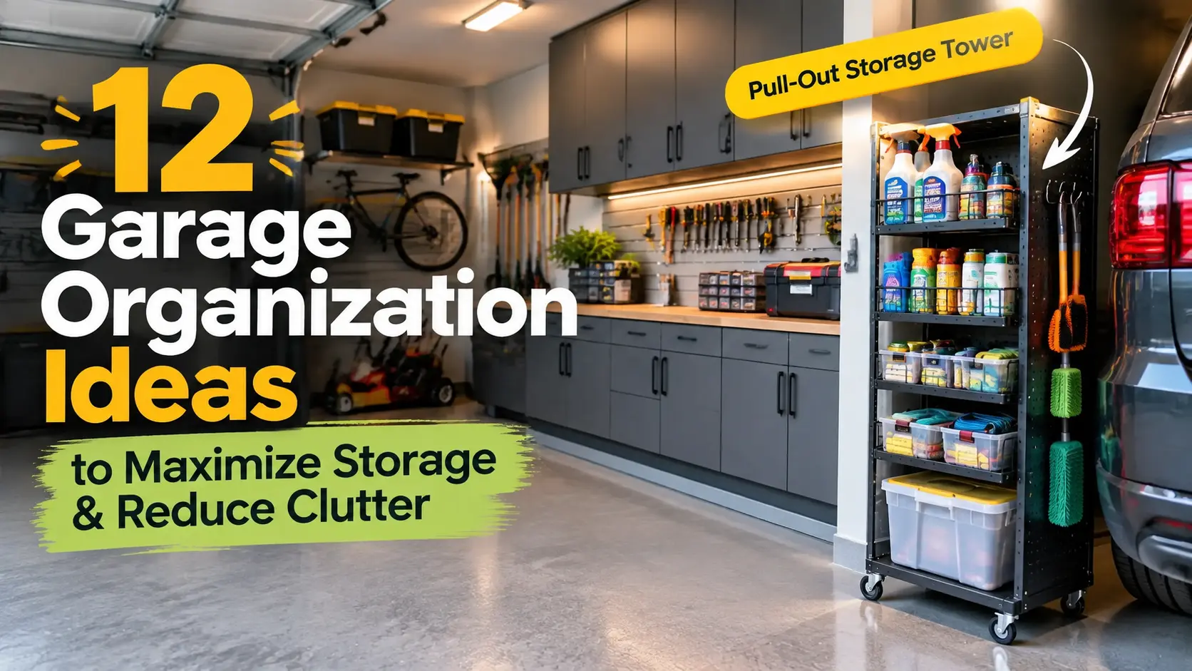 Modern garage organization setup with smart storage solutions, cabinets, shelves, and a pull-out storage tower to reduce clutter