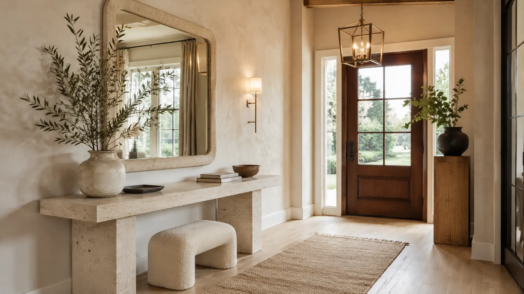13 foyer entryway decor ideas featuring a modern limestone console, organic mirror, walnut front door, woven runner, and warm natural styling