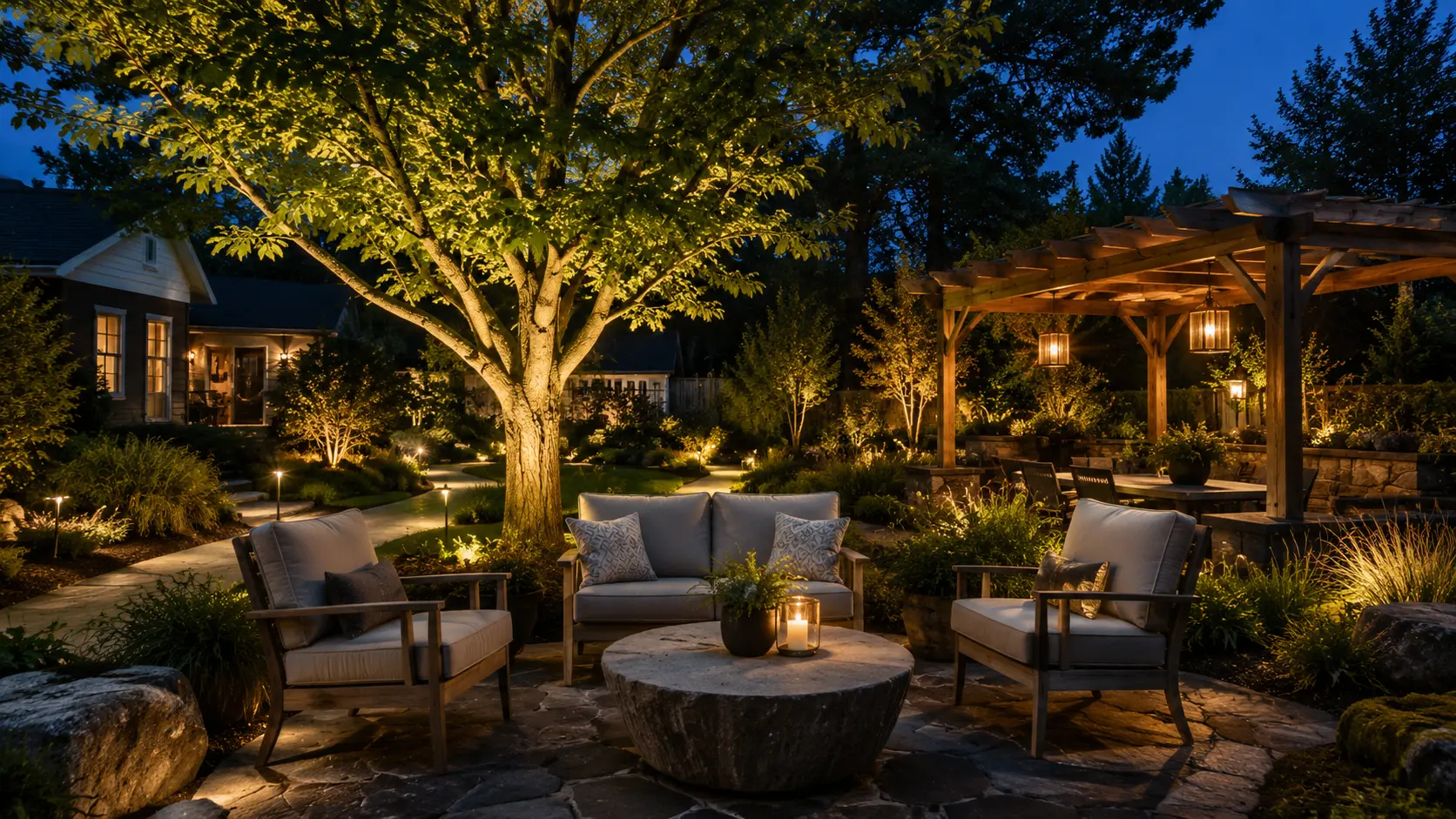 14 garden lighting ideas creating a beautiful outdoor space with a glowing tree, pergola lanterns, illuminated pathways, and cozy patio seating