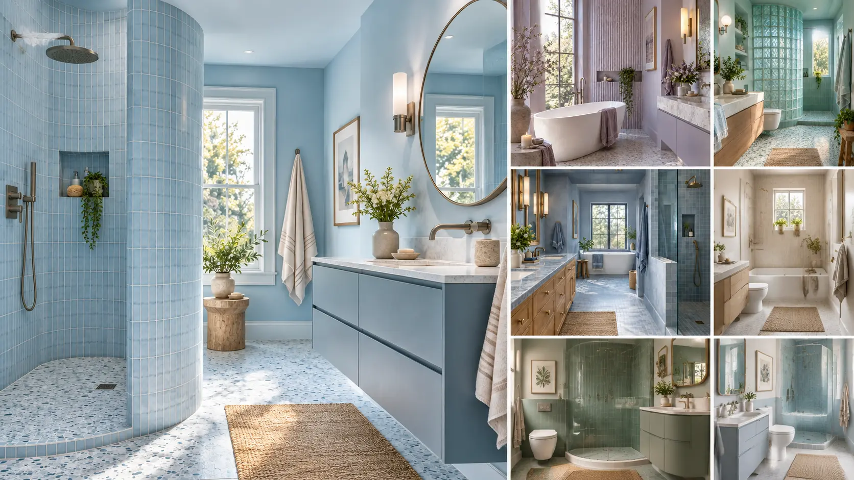 Modern color drenching bathroom ideas featuring blue, green, lavender, and neutral tones with stylish tiles, vanities, glass showers, and spa-inspired designs
