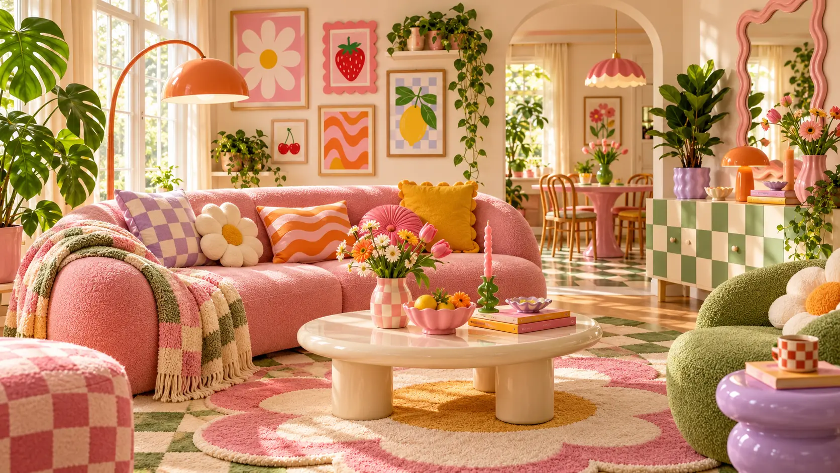 Bright and colorful dopamine decor living room with pink sofa, playful wall art, pastel furniture, and cheerful home styling details.