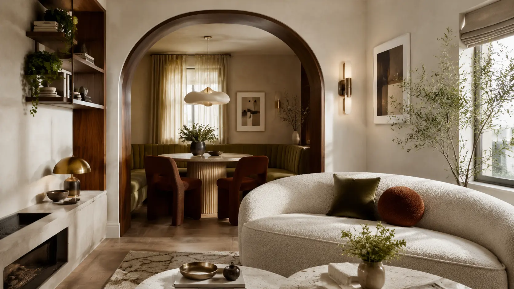 Small living room with a curved cream sofa and stylish dining area featuring an arched walnut banquette, pendant lighting, and warm modern decor.