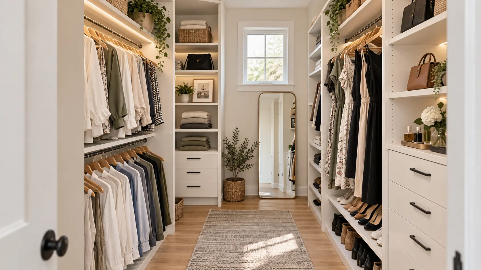 Organized small walk-in closet with hanging clothes, shoe shelves, drawers, handbags, a full-length mirror, and warm lighting.